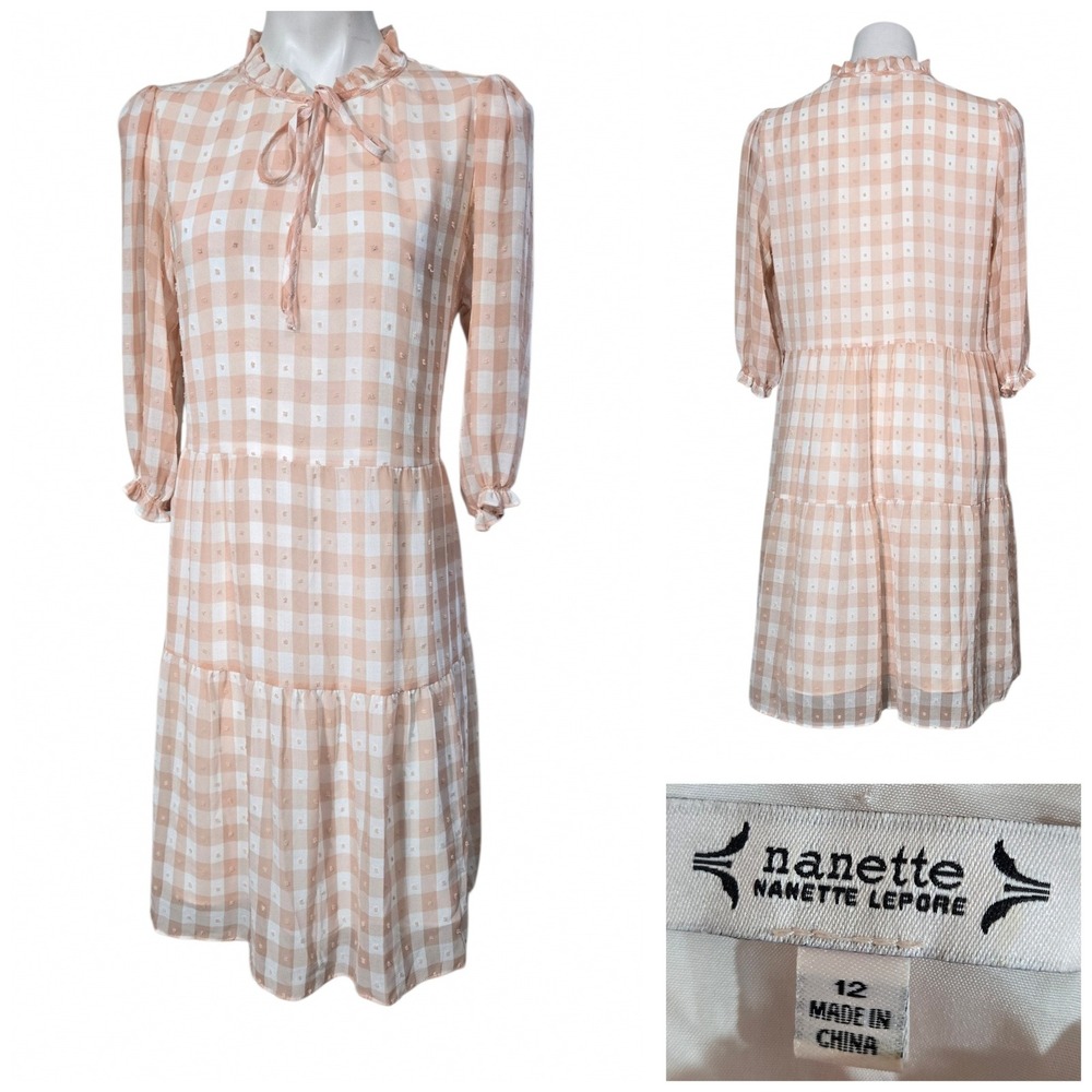 Nanette Lepore dress Peach Gingham Clip Dot Tiered knee length Size 12